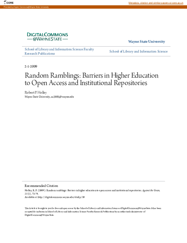 Random Ramblings: Barriers in Higher Education to Open Access and Institutional Repositories