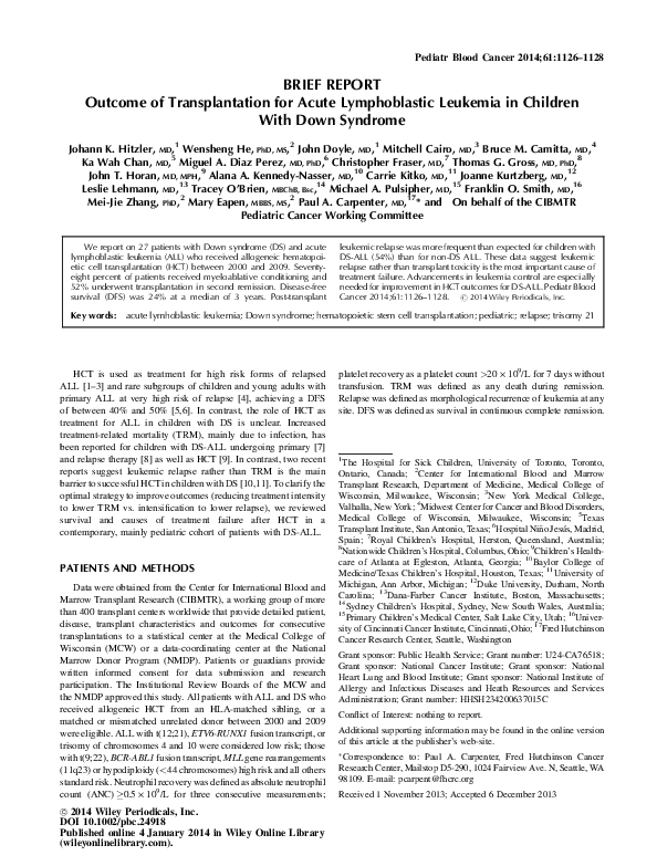 (PDF) Outcome of transplantation for acute lymphoblastic leukemia in ...