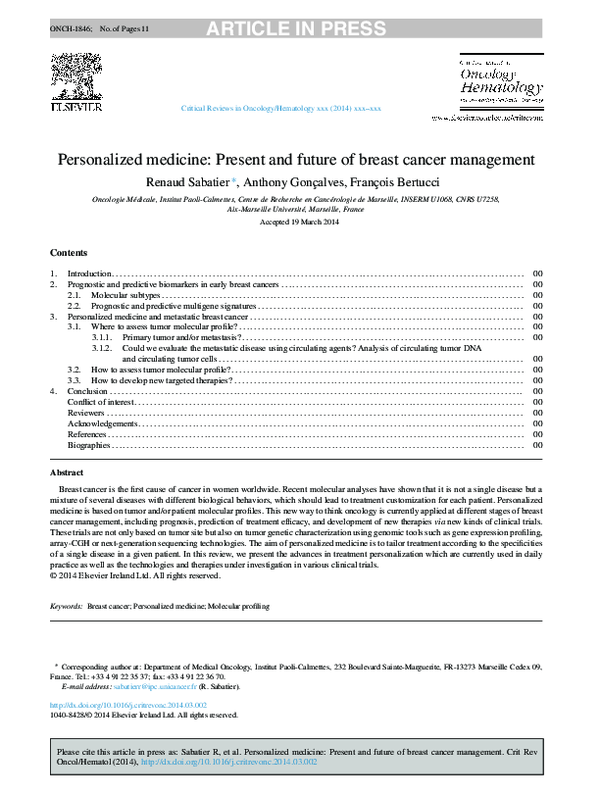 (PDF) Personalized medicine: Present and future of breast cancer management