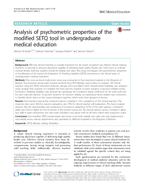 (PDF) Analysis of psychometric properties of the modified SETQ tool in ...