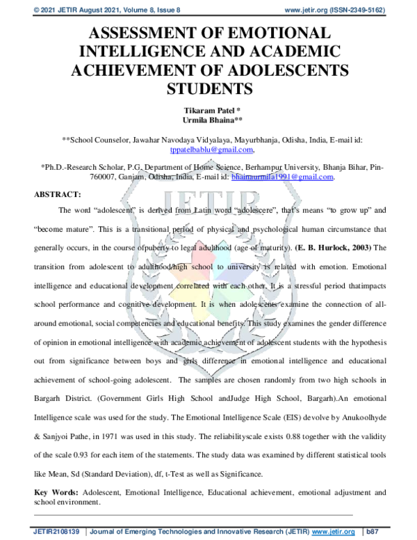 (PDF) Assessment of Emotional Intelligence and Academic Achievement of ...