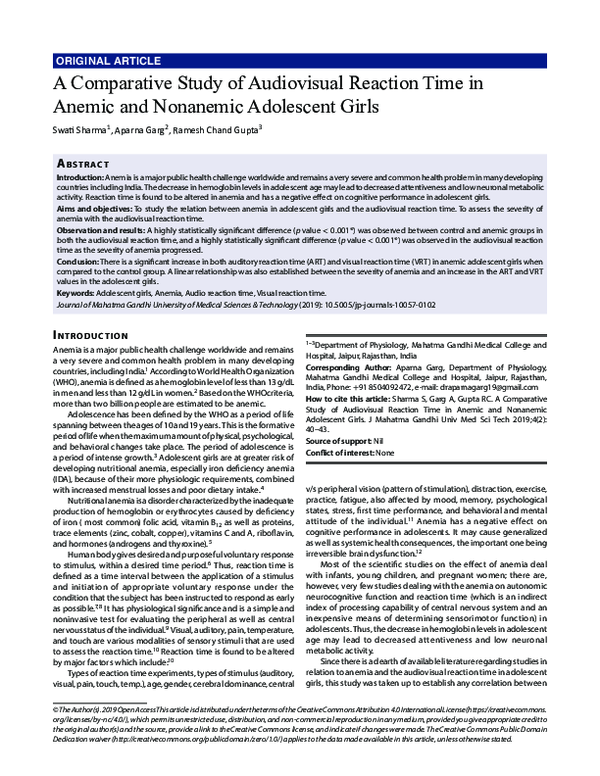 (PDF) A Comparative Study of Audiovisual Reaction Time in Anemic and ...