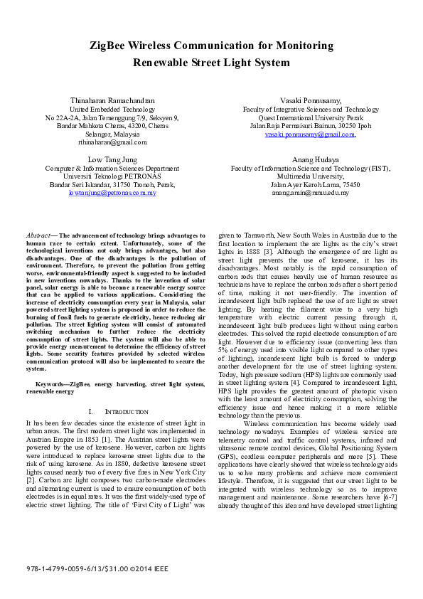 (PDF) ZigBee wireless communication for monitoring renewable street ...
