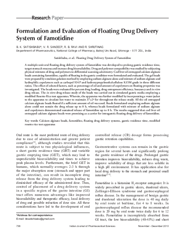 (PDF) Formulation and evaluation of floating drug delivery system of