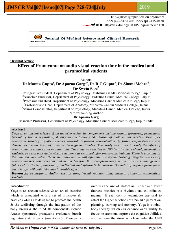 (PDF) Effect of Pranayama on audio visual reaction time in the medical ...