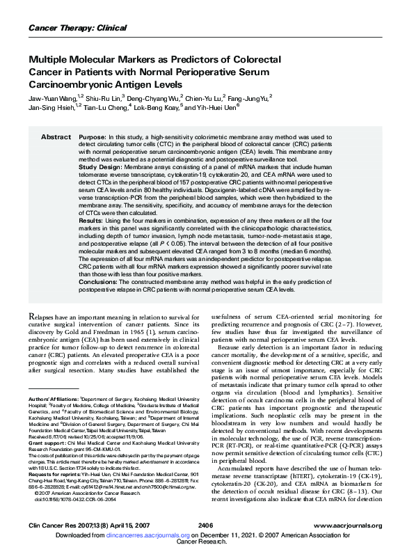 (PDF) Multiple Molecular Markers as Predictors of Colorectal Cancer in ...