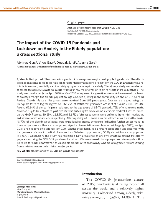 (PDF) The Impact of the COVID-19 Pandemic and Lockdown on Anxiety in ...