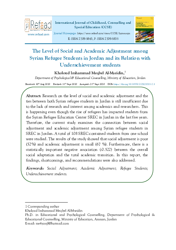 (PDF) The Level of Social and Academic Adjustment among Syrian Refugee ...