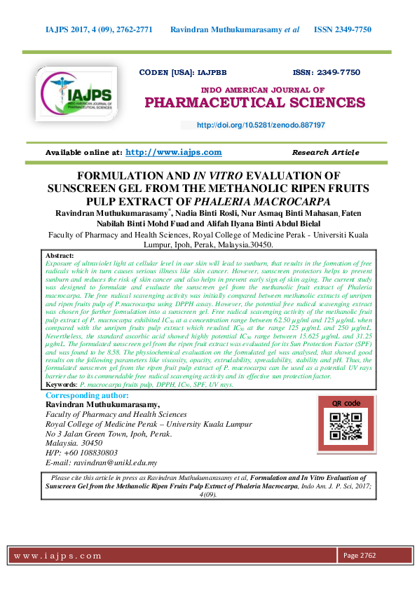 (PDF) Formulation And In Vitro Evaluation Of Sunscreen Gel From The ...