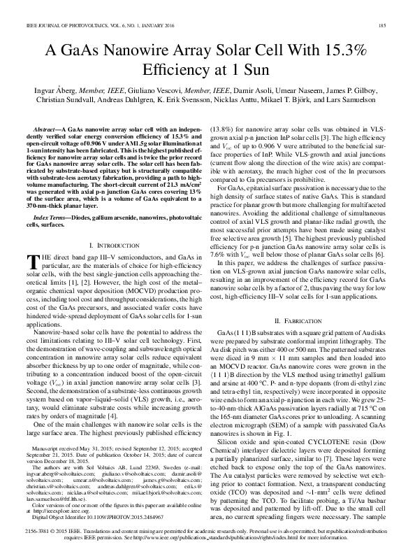 (PDF) A GaAs Nanowire Array Solar Cell With 15.3% Efficiency at 1 Sun