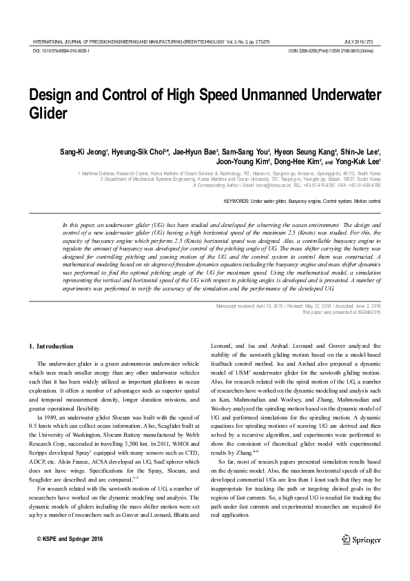 (PDF) Design and control of high speed unmanned underwater glider