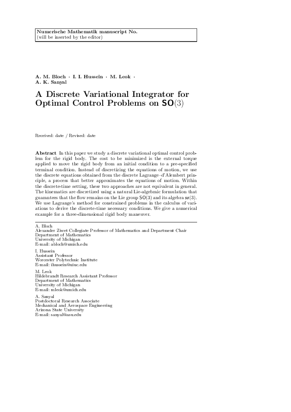 (PDF) A Discrete Variational Integrator for Optimal Control Problems on ...