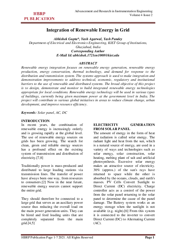 (PDF) Integration of Renewable Energy in Grid