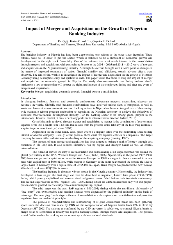 (PDF) Impact of Merger and Acquisition on the Growth of Nigerian ...
