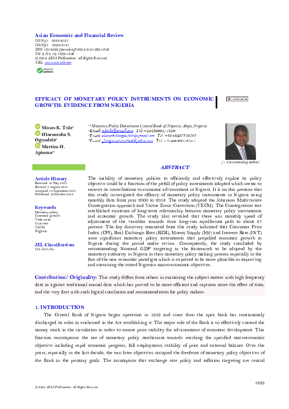 (PDF) Efficacy of Monetary Policy Instruments on Economic Growth ...