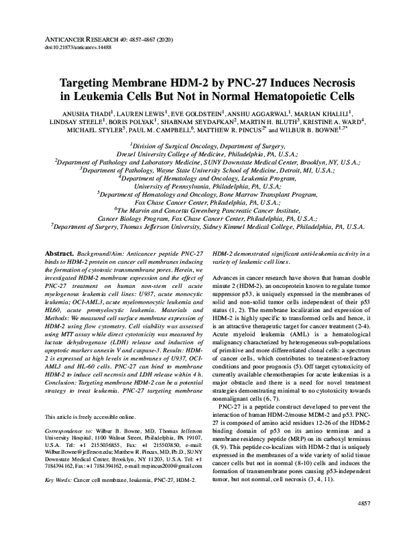 (PDF) Targeting Membrane HDM-2 by PNC-27 Induces Necrosis in Leukemia ...