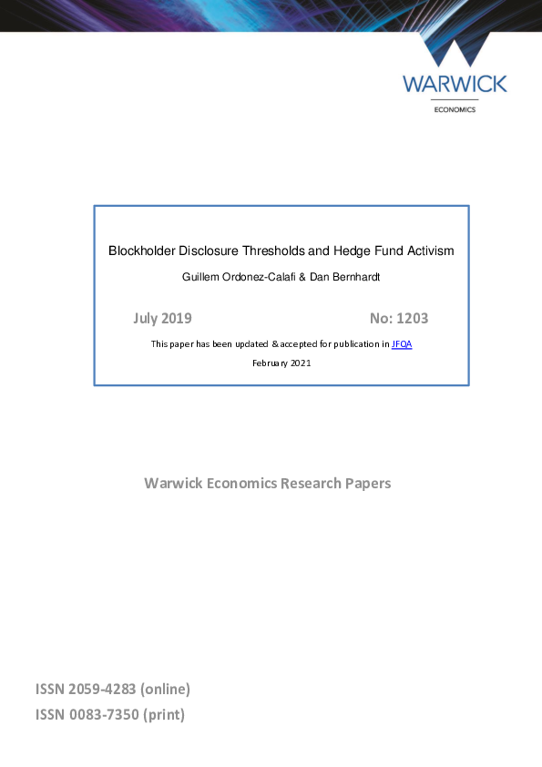 (PDF) Blockholder Disclosure Thresholds and Hedge Fund Activism