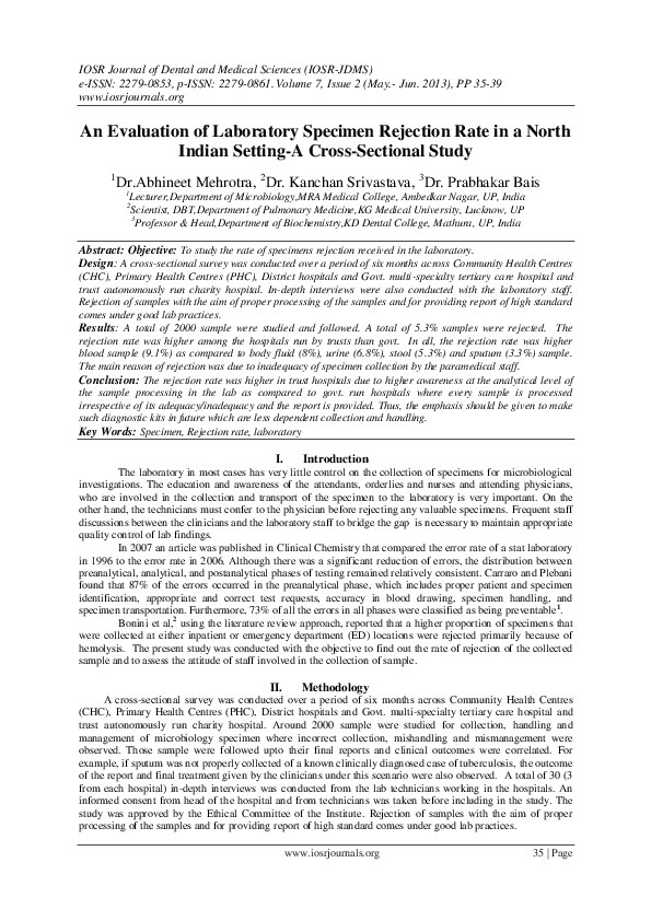 (PDF) An Evaluation of Laboratory Specimen Rejection Rate in a North