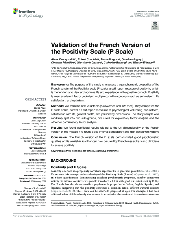 (PDF) Validation of the French Version of the Positivity Scale (P Scale)