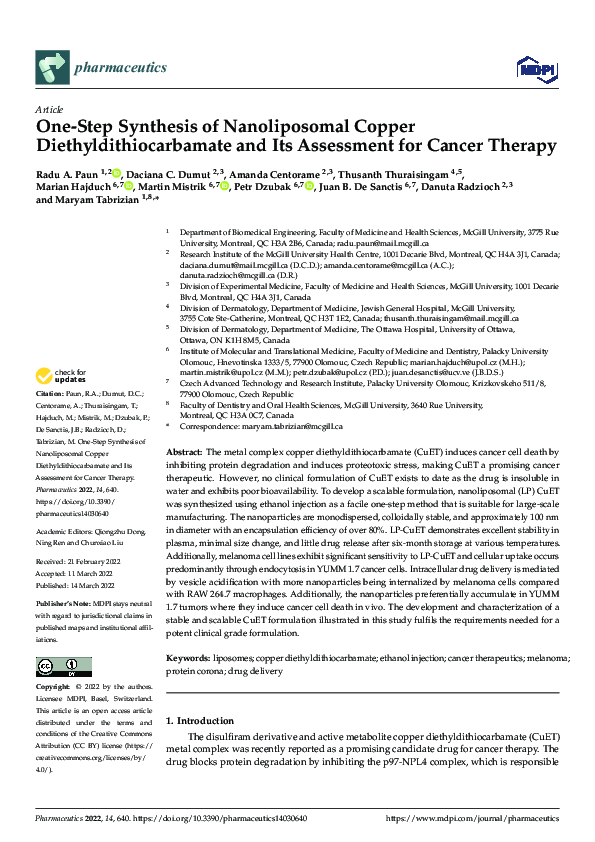 (PDF) OneStep Synthesis of Nanoliposomal Copper Diethyldithiocarbamate