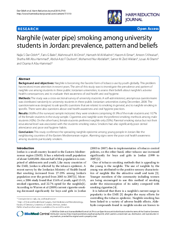 (PDF) Narghile (water pipe) smoking among university students in Jordan ...