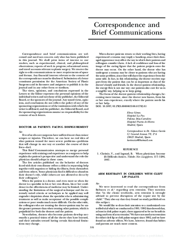 (PDF) Arm Restraint in Children with Cleft Lip/Palate Brian Sommerlad