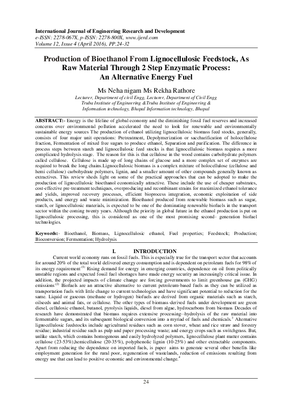 (PDF) Production of Bioethanol From Lignocellulosic Feedstock , As Raw ...