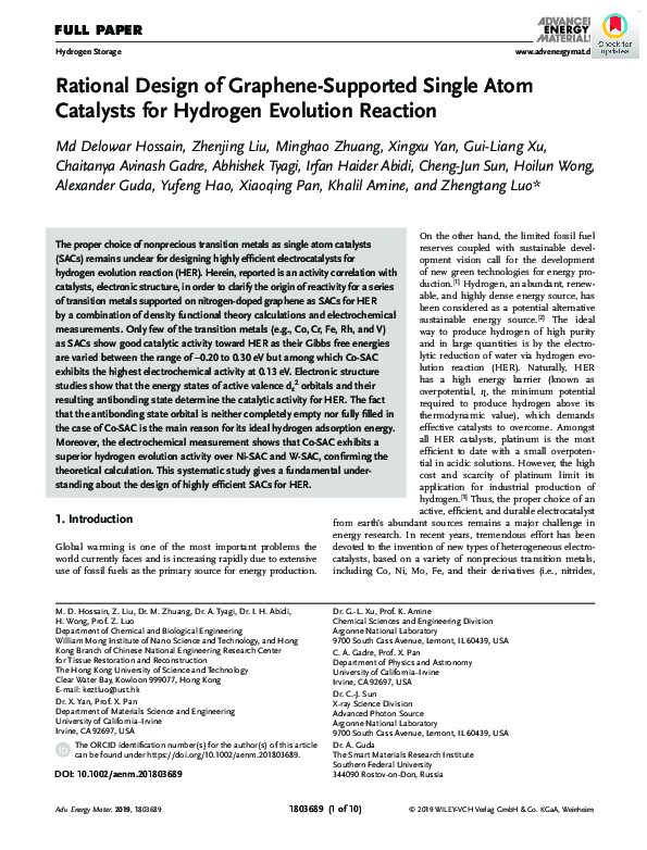 (PDF) Rational Design of Graphene-Supported Single Atom Catalysts for ...