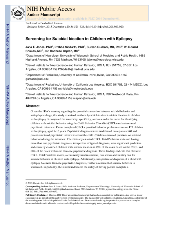 (PDF) Screening for suicidal ideation in children with epilepsy