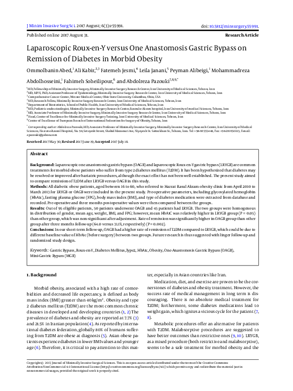 (PDF) Laparoscopic Roux-en-Y versus One Anastomosis Gastric Bypass on ...