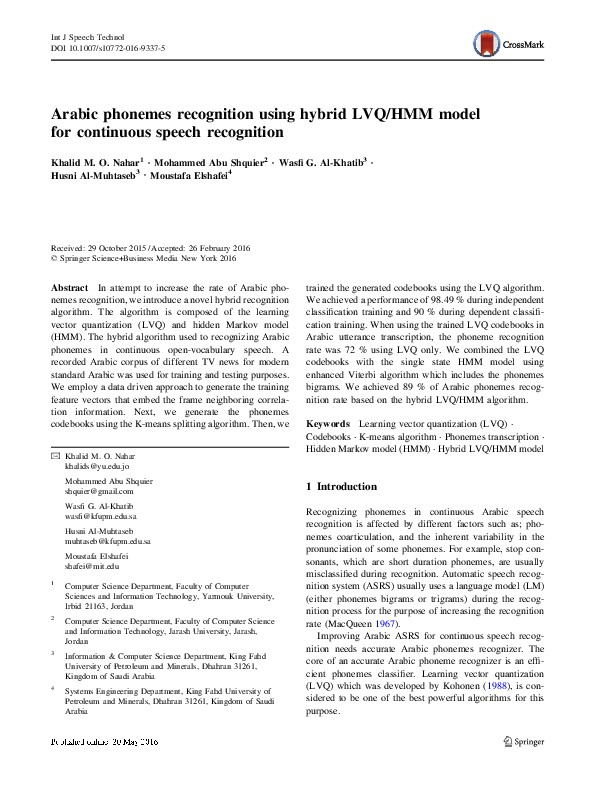 (PDF) Arabic phonemes recognition using hybrid LVQ/HMM model for ...