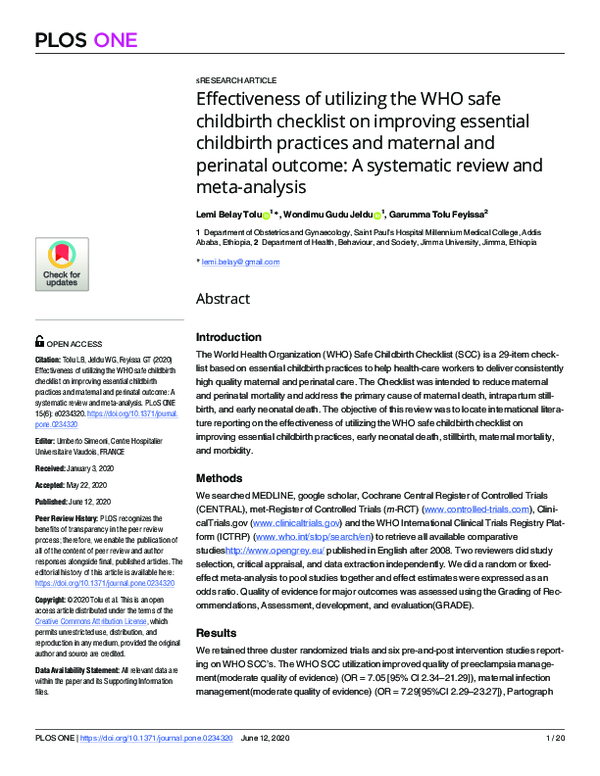 (PDF) Effectiveness of utilizing the WHO safe childbirth checklist on