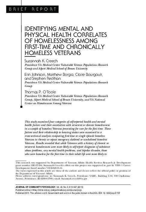 (PDF) Identifying Mental and Physical Health Correlates of Homelessness ...