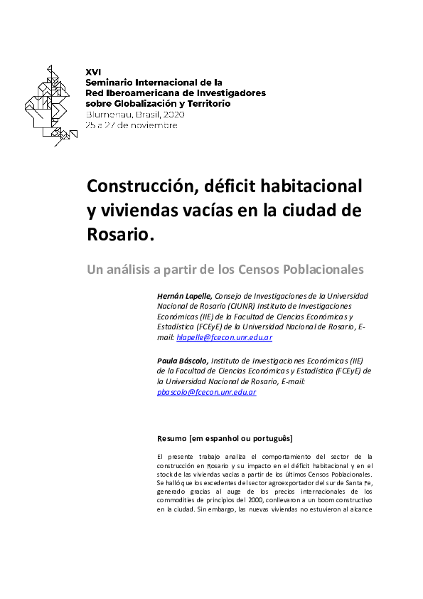 (PDF) Construcción, déficit habitacional y viviendas vacías en la ciudad de Rosario. Un análisis