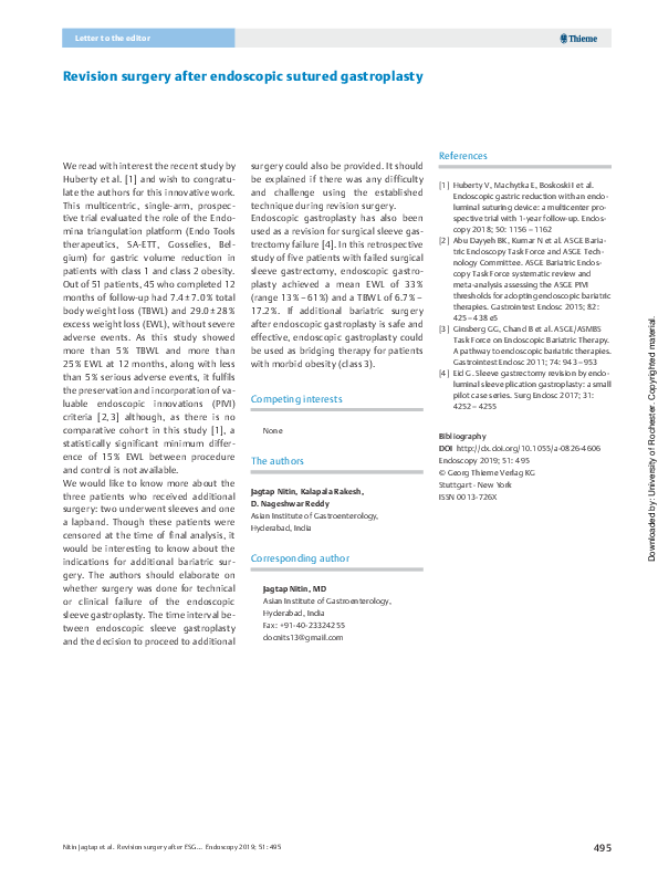 (PDF) Revision surgery after endoscopic sutured gastroplasty