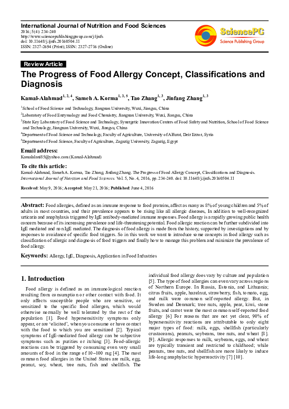 (PDF) The Progress of Food Allergy Concept, Classifications and Diagnosis