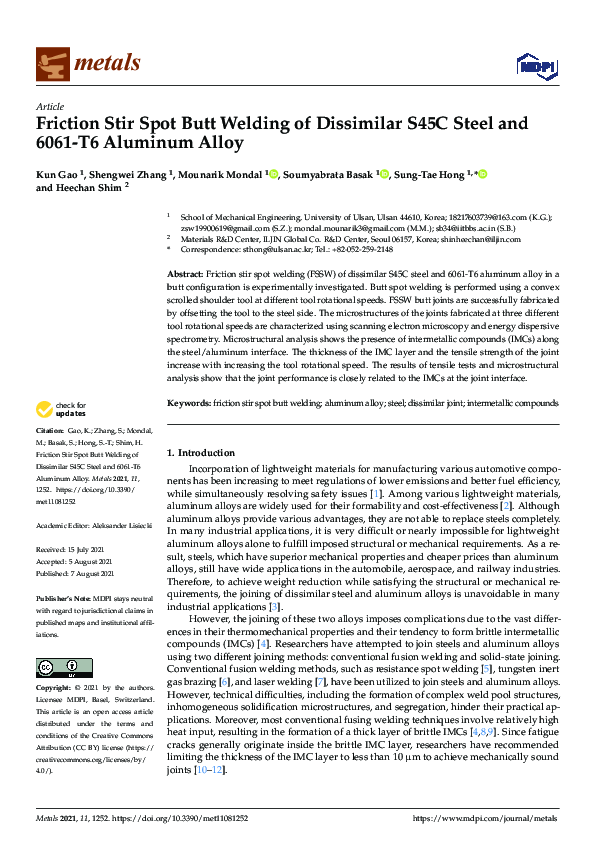 (PDF) Friction Stir Spot Butt Welding of Dissimilar S45C Steel and 6061 ...