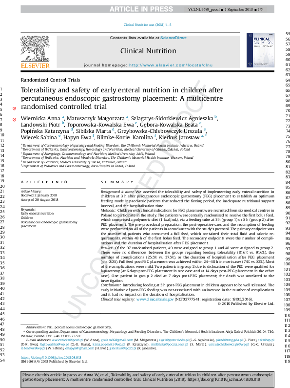 (PDF) Tolerability and safety of early enteral nutrition in children ...