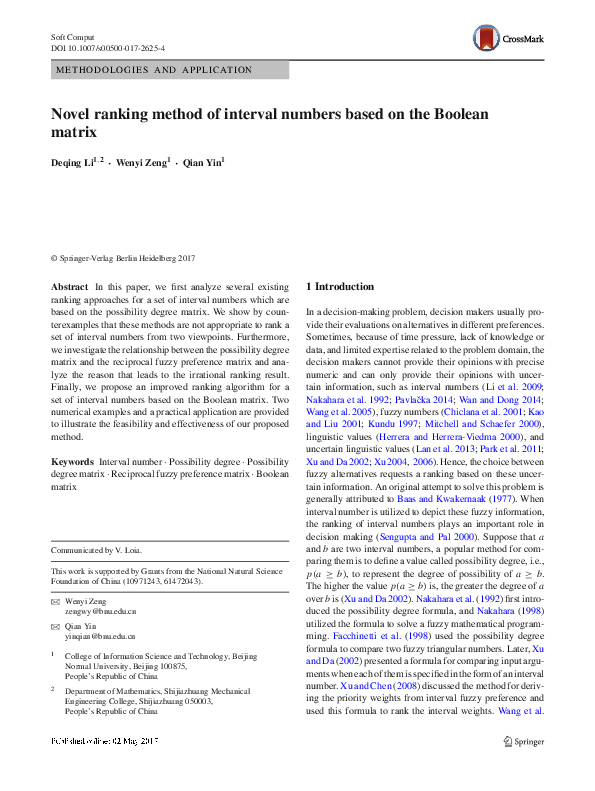 (PDF) Novel ranking method of interval numbers based on the Boolean ...