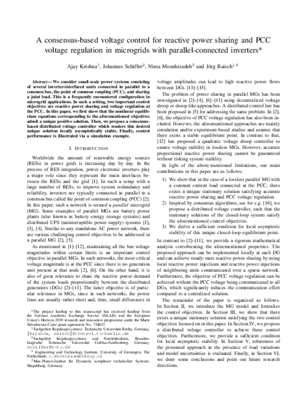 (PDF) A consensus-based voltage control for reactive power sharing and ...