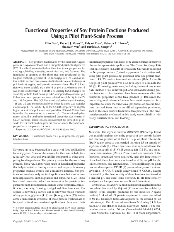 (PDF) Functional properties of soy protein fractions produced using a ...