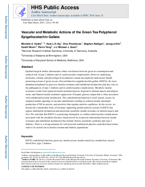 (PDF) Vascular and Metabolic Actions of the Green Tea Polyphenol ...