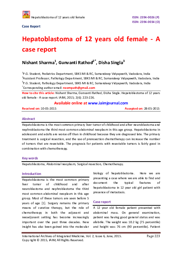 (PDF) Hepatoblastoma of 12 years old female case report DR GUNVANTI