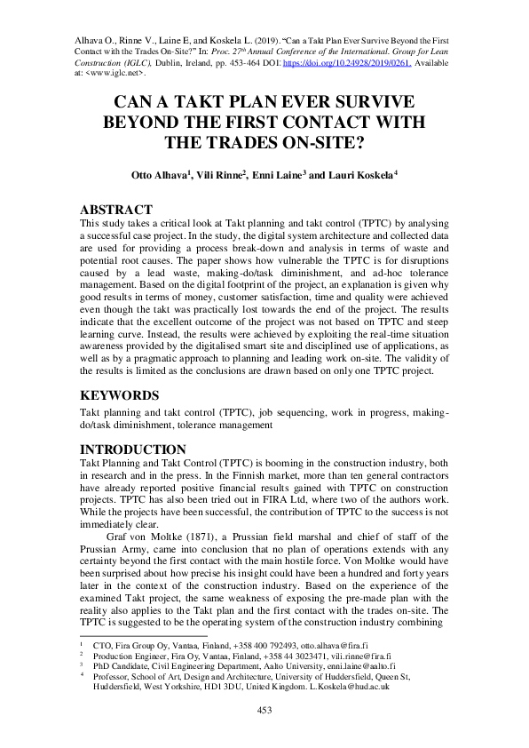(PDF) Can a Takt Plan Ever Survive Beyond the First Contact With the ...