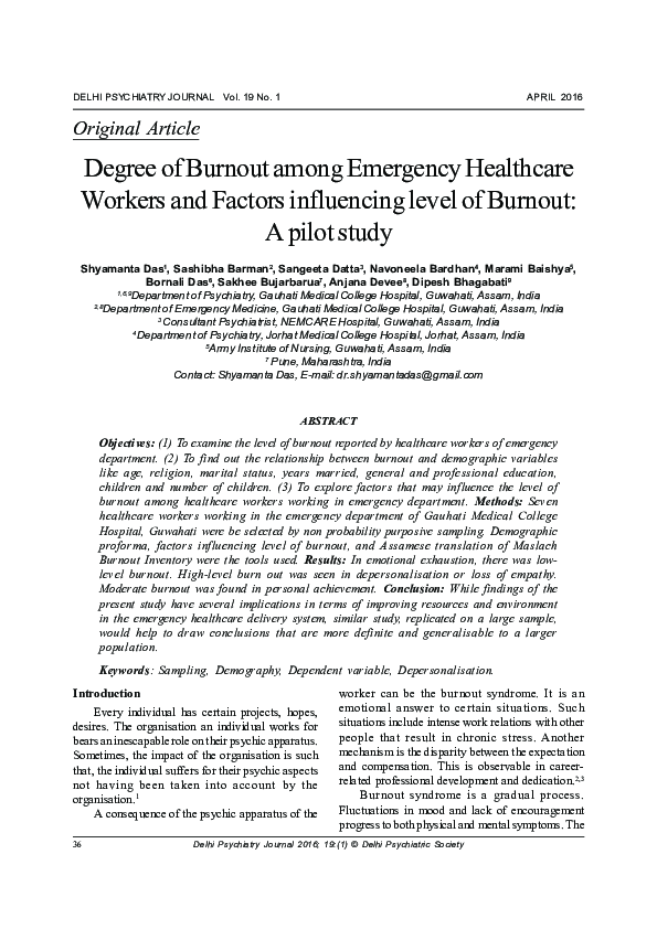 (PDF) Degree of Burnout Among Emergency Healthcare Workers and Factors ...