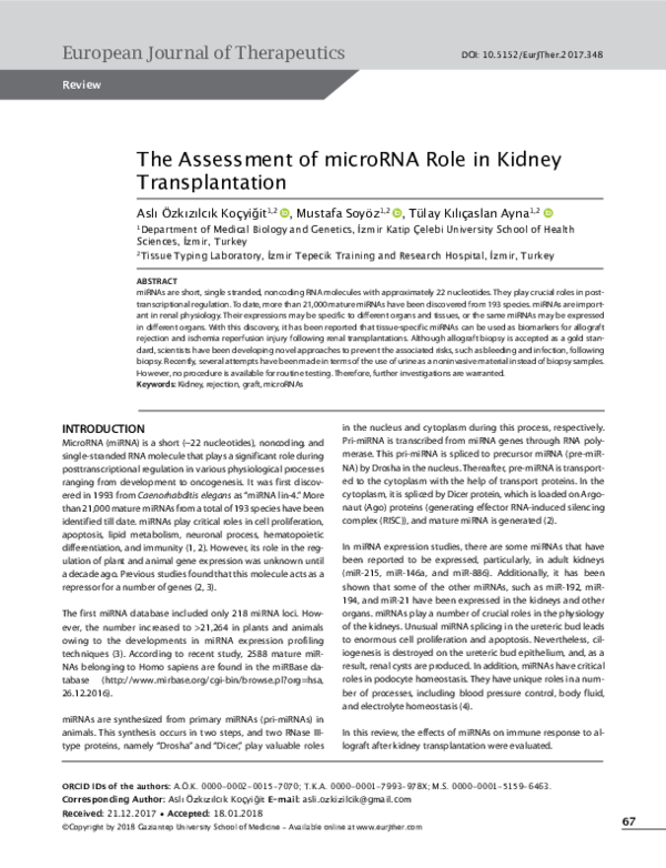 (PDF) The Assessment of microRNA Role in Kidney Transplantation