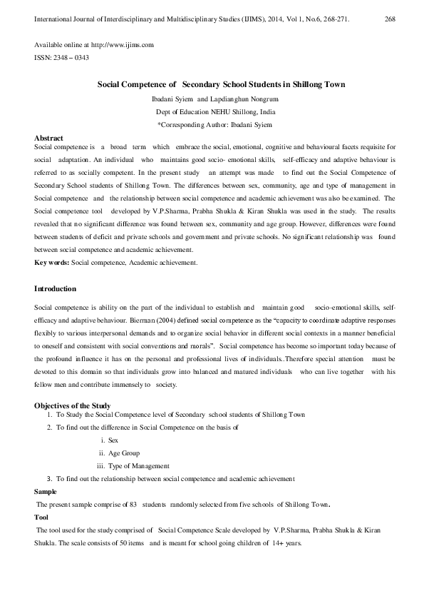 (PDF) Social Competence of Secondary School Students in Shillong Town
