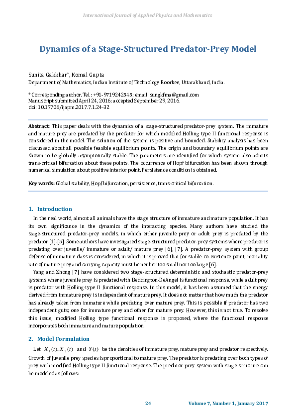 (PDF) Dynamics of a Stage-Structured Predator-Prey Model