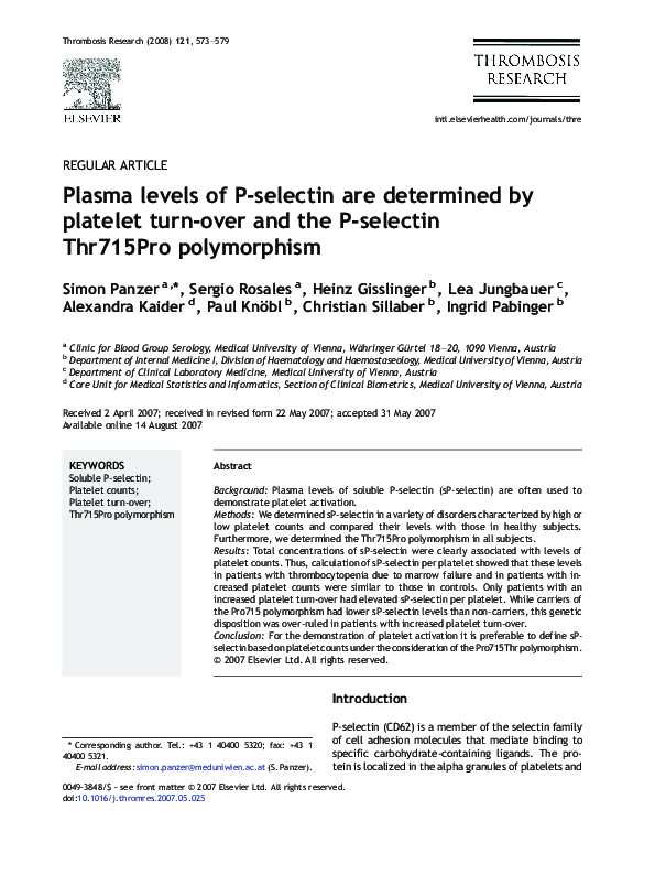 (PDF) Plasma levels of P-selectin are determined by platelet turn-over ...