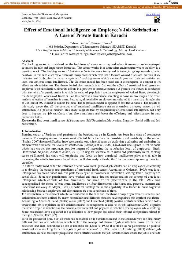 (PDF) Effect of Emotional Intelligence on Employee’s Job Satisfaction ...